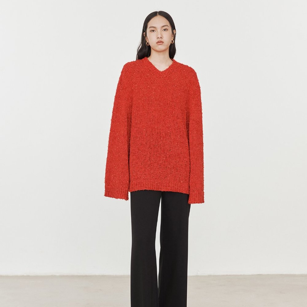 Oversized Red Sparkle Knit Sweater High-Fashion V-Neck Luxe Statement Knit sz 36